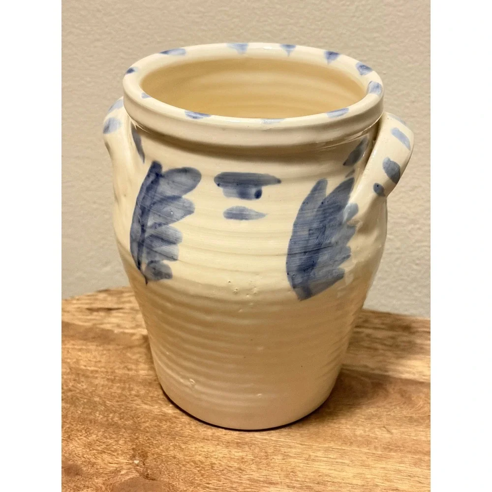 Vintage Jamestown Pottery '99 Studio Blue White Stoneware Crock Utensil Vase
